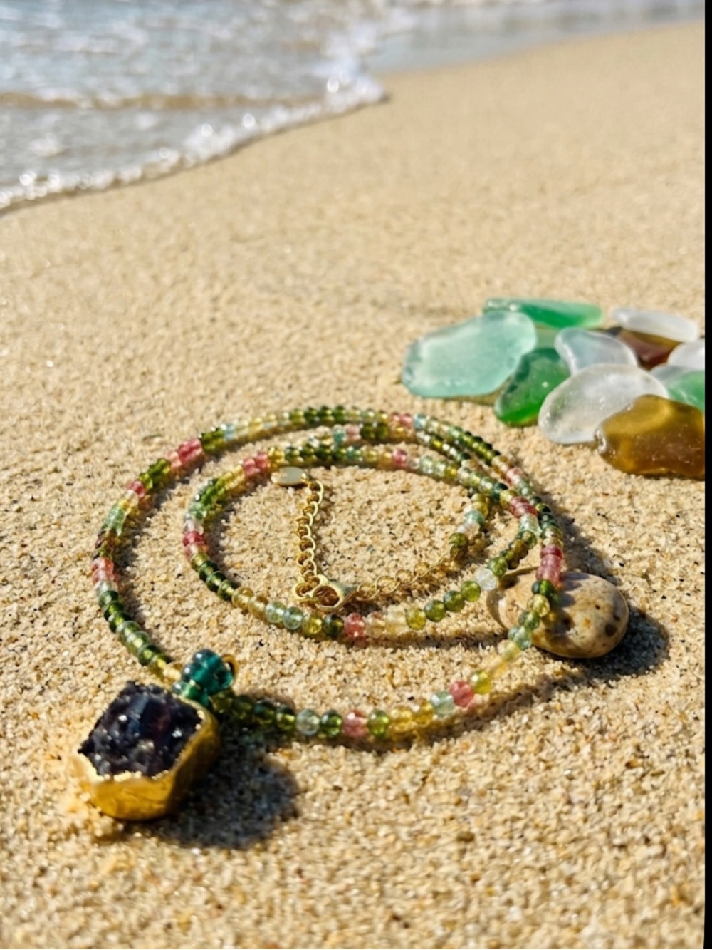 Artisan made Elegant Tourmaline colored beads and Amethyst pendant necklace